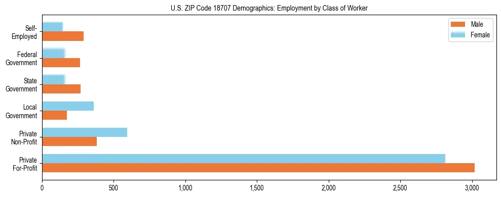 Horizontal bar chart showing employment distribution by class of worker and gender in US ZIP Code 18707, based on 2023 ACS data.