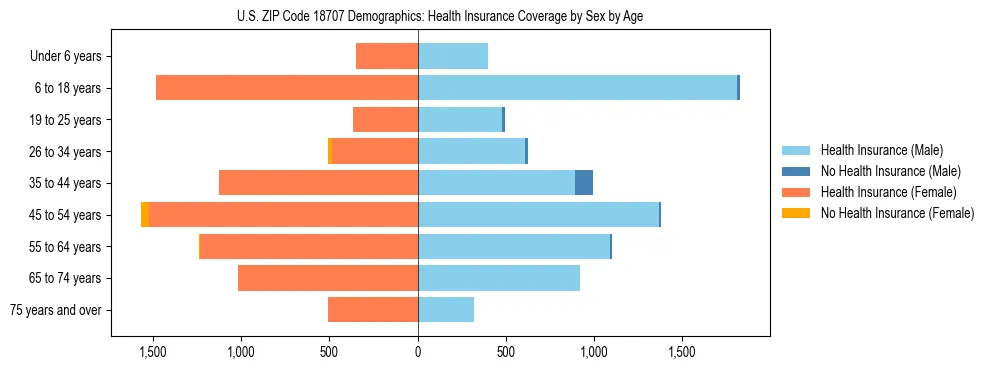 Pyramid chart showing health insurance coverage by age and sex in US ZIP Code 18707.