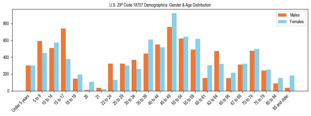 Bar chart showing the population distribution of US ZIP Code 18707 by age group and gender, based on 2023 ACS data.