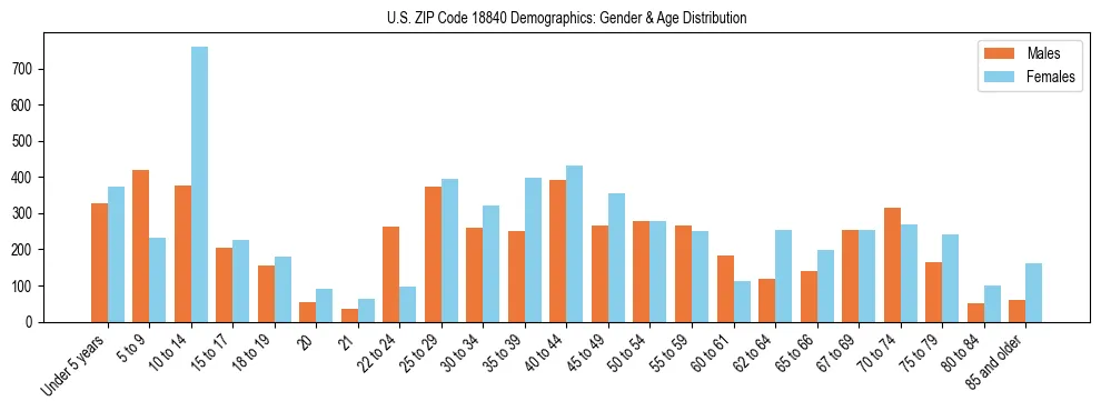 Bar chart showing the population distribution of US ZIP Code 18840 by age group and gender, based on 2023 ACS data.
