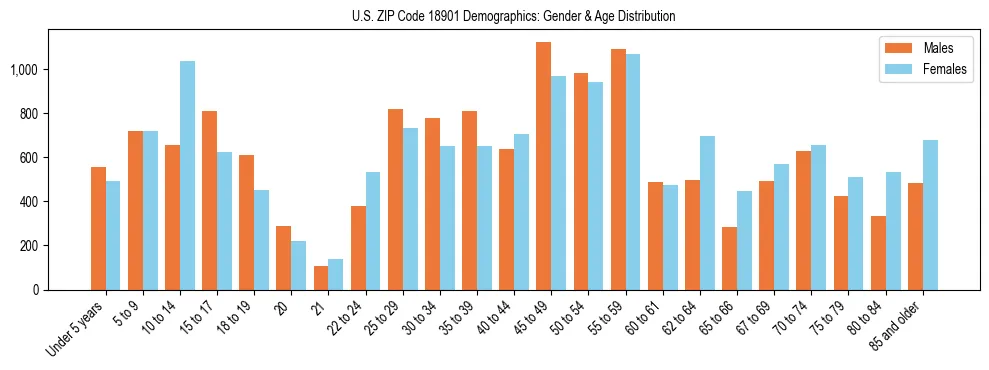 Bar chart showing the population distribution of US ZIP Code 18901 by age group and gender, based on 2023 ACS data.
