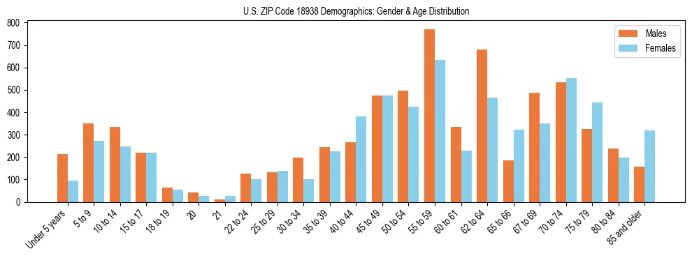 Bar chart showing the population distribution of US ZIP Code 18938 by age group and gender, based on 2023 ACS data.