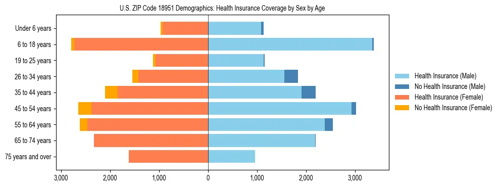 Pyramid chart showing health insurance coverage by age and sex in US ZIP Code 18951.