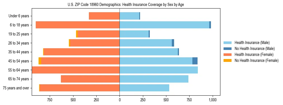 Pyramid chart showing health insurance coverage by age and sex in US ZIP Code 18960.