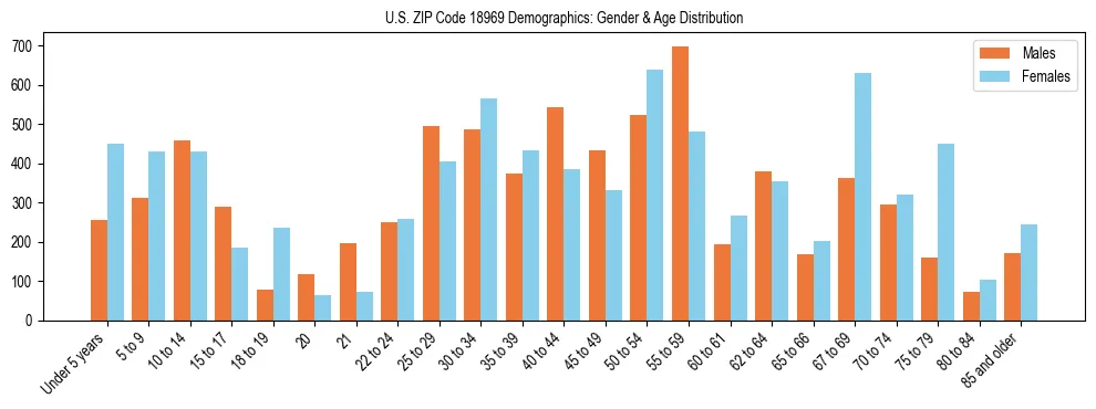 Bar chart showing the population distribution of US ZIP Code 18969 by age group and gender, based on 2023 ACS data.