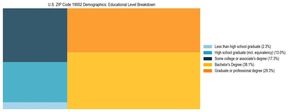 Treemap chart illustrating the educational attainment breakdown for population 25 years and over in US ZIP Code 19002.