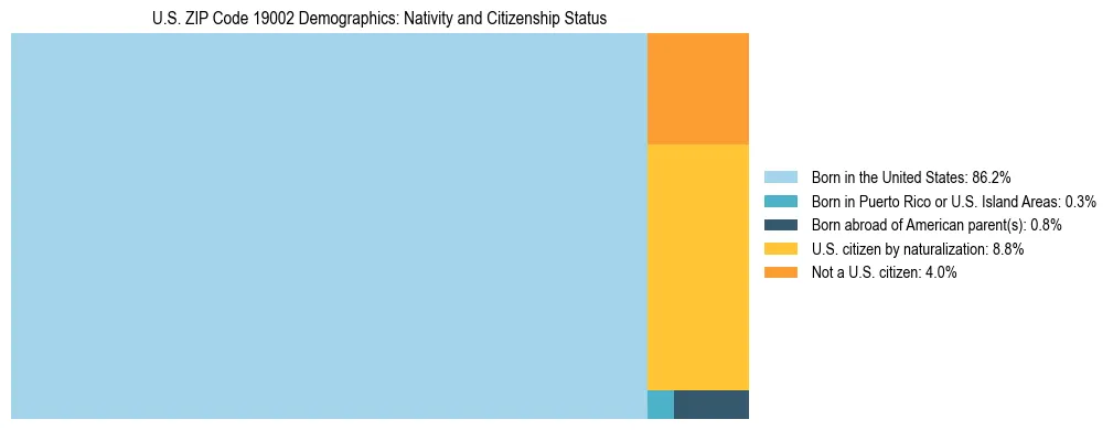 Treemap showing the population distribution by nativity and citizenship status in US ZIP Code 19002 based on U.S. Census data.