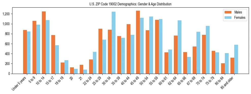 Bar chart showing the population distribution of US ZIP Code 19002 by age group and gender, based on 2023 ACS data.