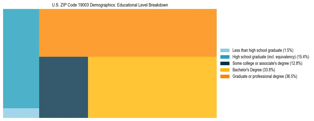 Treemap chart illustrating the educational attainment breakdown for population 25 years and over in US ZIP Code 19003.