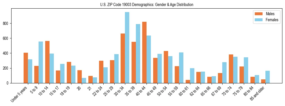 Bar chart showing the population distribution of US ZIP Code 19003 by age group and gender, based on 2023 ACS data.