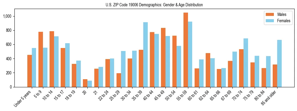 Bar chart showing the population distribution of US ZIP Code 19006 by age group and gender, based on 2023 ACS data.