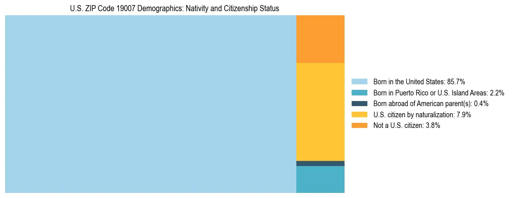 Treemap showing the population distribution by nativity and citizenship status in US ZIP Code 19007 based on U.S. Census data.