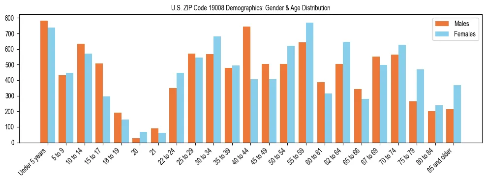 Bar chart showing the population distribution of US ZIP Code 19008 by age group and gender, based on 2023 ACS data.