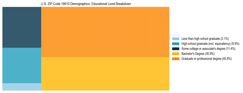 Treemap chart illustrating the educational attainment breakdown for population 25 years and over in US ZIP Code 19010.