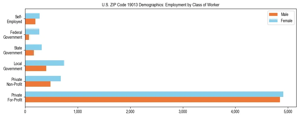 Horizontal bar chart showing employment distribution by class of worker and gender in US ZIP Code 19013, based on 2023 ACS data.