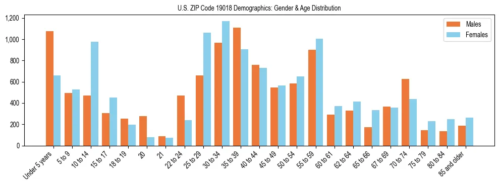 Bar chart showing the population distribution of US ZIP Code 19018 by age group and gender, based on 2023 ACS data.