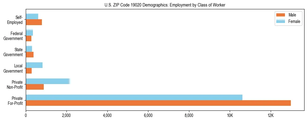 Horizontal bar chart showing employment distribution by class of worker and gender in US ZIP Code 19020, based on 2023 ACS data.