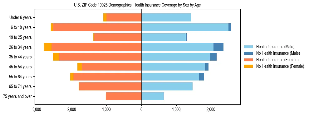 Pyramid chart showing health insurance coverage by age and sex in US ZIP Code 19026.