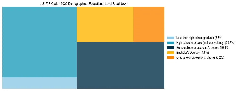 Treemap chart illustrating the educational attainment breakdown for population 25 years and over in US ZIP Code 19030.
