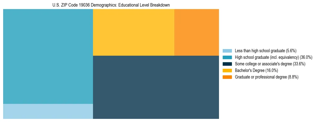 Treemap chart illustrating the educational attainment breakdown for population 25 years and over in US ZIP Code 19036.