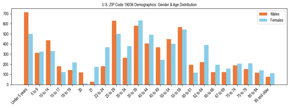 Bar chart showing the population distribution of US ZIP Code 19036 by age group and gender, based on 2023 ACS data.