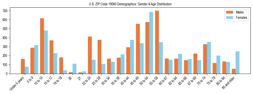Bar chart showing the population distribution of US ZIP Code 19060 by age group and gender, based on 2023 ACS data.