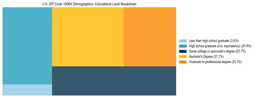 Treemap chart illustrating the educational attainment breakdown for population 25 years and over in US ZIP Code 19064.
