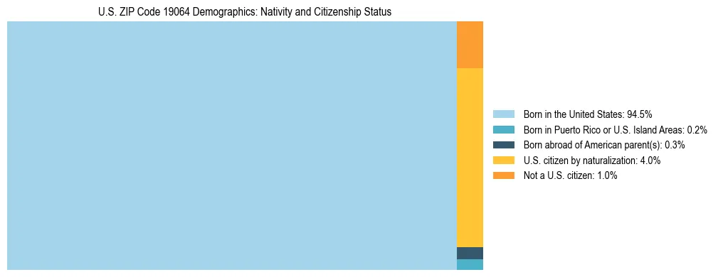 Treemap showing the population distribution by nativity and citizenship status in US ZIP Code 19064 based on U.S. Census data.