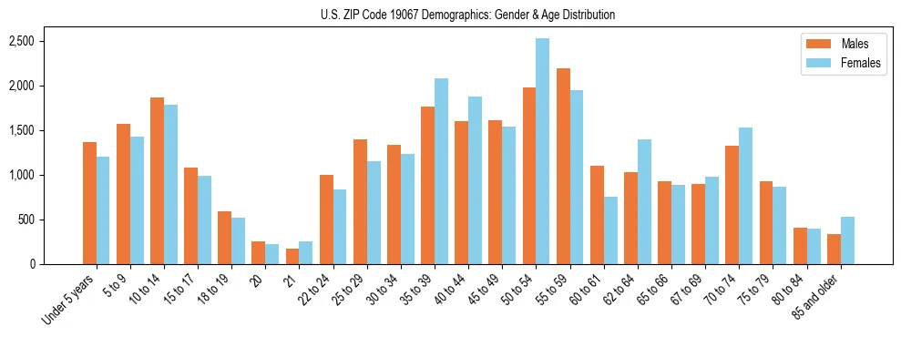 Bar chart showing the population distribution of US ZIP Code 19067 by age group and gender, based on 2023 ACS data.