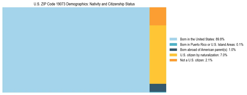 Treemap showing the population distribution by nativity and citizenship status in US ZIP Code 19073 based on U.S. Census data.
