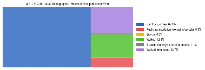 Treemap showing means of transportation to work distribution in US ZIP Code 19081.