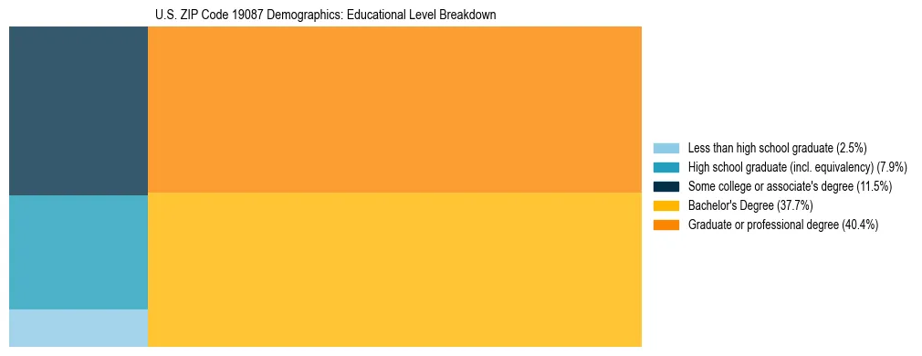 Treemap chart illustrating the educational attainment breakdown for population 25 years and over in US ZIP Code 19087.