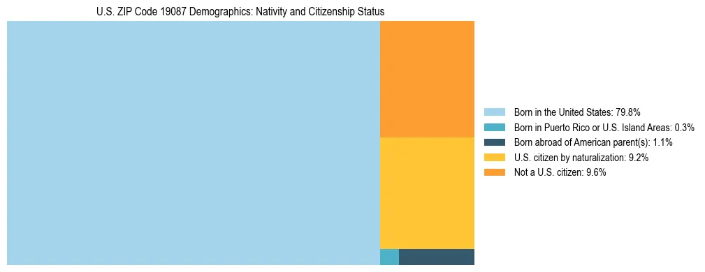 Treemap showing the population distribution by nativity and citizenship status in US ZIP Code 19087 based on U.S. Census data.