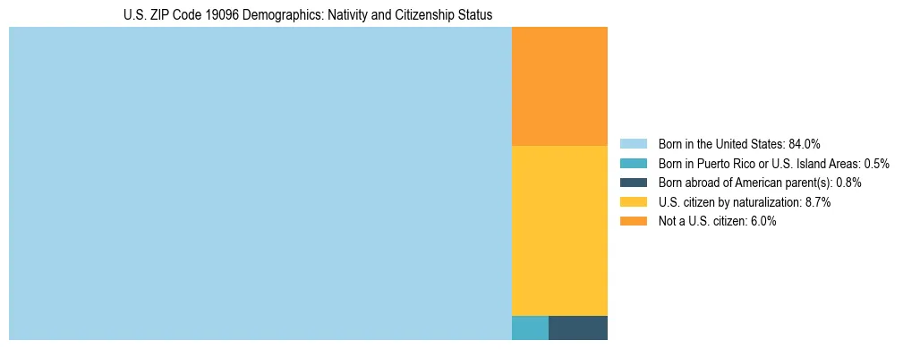 Treemap showing the population distribution by nativity and citizenship status in US ZIP Code 19096 based on U.S. Census data.