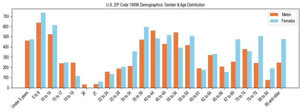 Bar chart showing the population distribution of US ZIP Code 19096 by age group and gender, based on 2023 ACS data.
