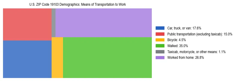 Treemap showing means of transportation to work distribution in US ZIP Code 19103.