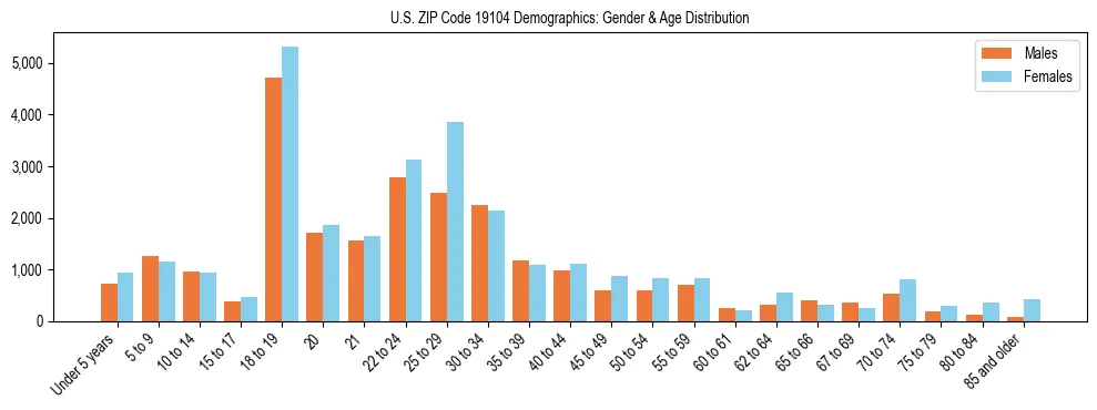 Bar chart showing the population distribution of US ZIP Code 19104 by age group and gender, based on 2023 ACS data.