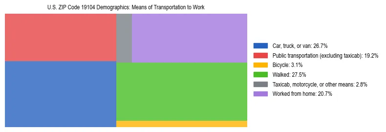 Treemap showing means of transportation to work distribution in US ZIP Code 19104.