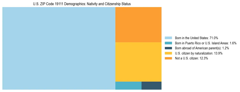 Treemap showing the population distribution by nativity and citizenship status in US ZIP Code 19111 based on U.S. Census data.