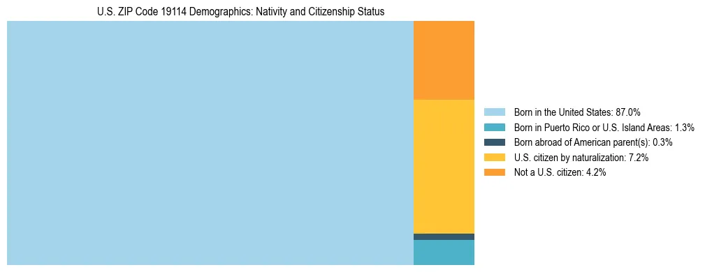 Treemap showing the population distribution by nativity and citizenship status in US ZIP Code 19114 based on U.S. Census data.