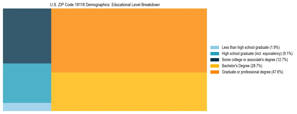 Treemap chart illustrating the educational attainment breakdown for population 25 years and over in US ZIP Code 19118.