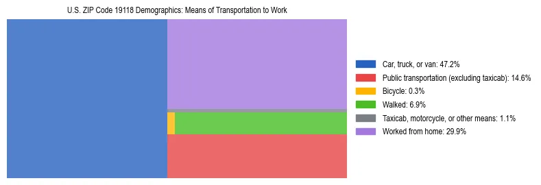 Treemap showing means of transportation to work distribution in US ZIP Code 19118.