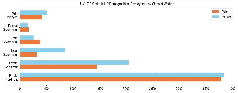 Horizontal bar chart showing employment distribution by class of worker and gender in US ZIP Code 19119, based on 2023 ACS data.