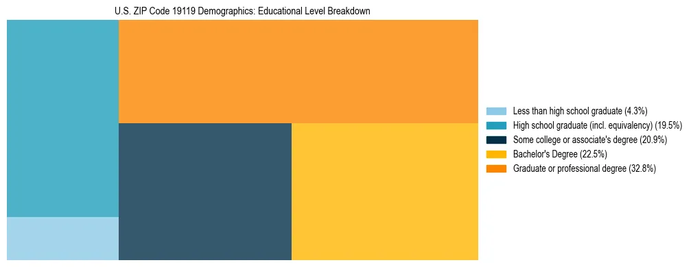 Treemap chart illustrating the educational attainment breakdown for population 25 years and over in US ZIP Code 19119.