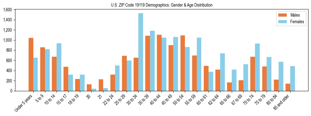 Bar chart showing the population distribution of US ZIP Code 19119 by age group and gender, based on 2023 ACS data.