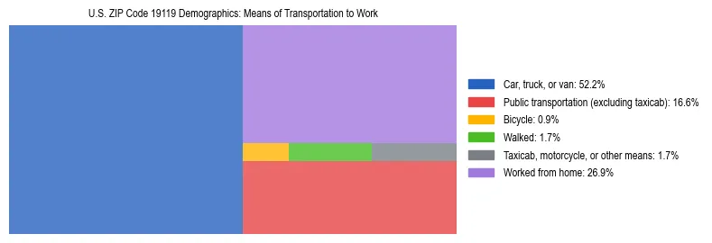 Treemap showing means of transportation to work distribution in US ZIP Code 19119.