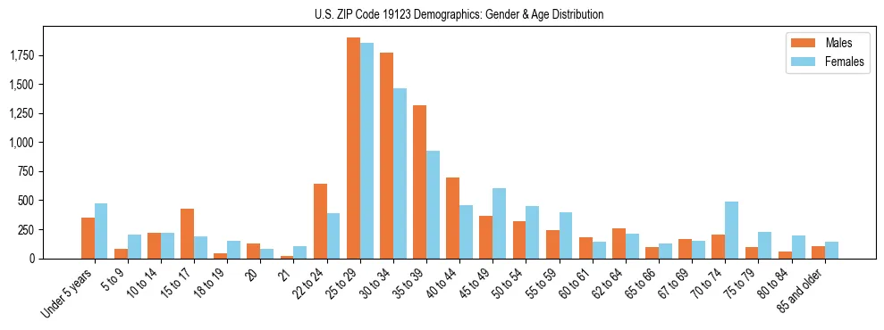 Bar chart showing the population distribution of US ZIP Code 19123 by age group and gender, based on 2023 ACS data.