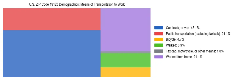 Treemap showing means of transportation to work distribution in US ZIP Code 19123.