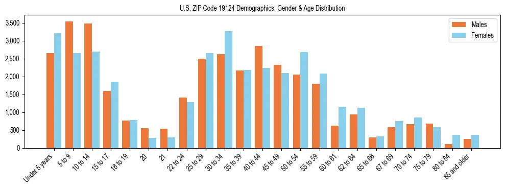 Bar chart showing the population distribution of US ZIP Code 19124 by age group and gender, based on 2023 ACS data.