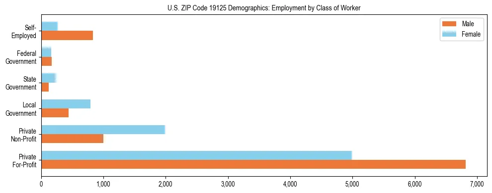 Horizontal bar chart showing employment distribution by class of worker and gender in US ZIP Code 19125, based on 2023 ACS data.